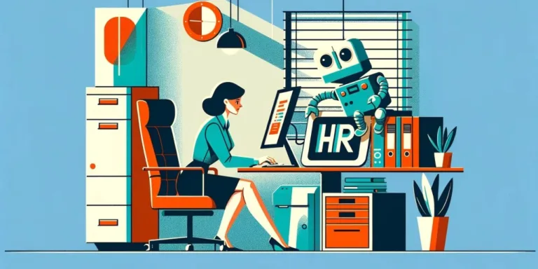 DALL·E 2024 02 05 15.36.19 Perfect the illustration by maintaining the flat illustration style and the engaging scene between the small robot and the HR representative but ensu e1724429942199