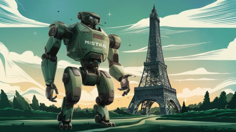 a large robot named mistral standing next to the e 9PGOCDtWTk29VN1iwdU pQ NPlBR7EJSBSOvTbX5n7Now