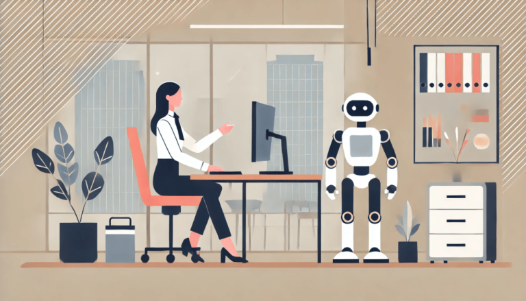 woman typing at desk beside robot